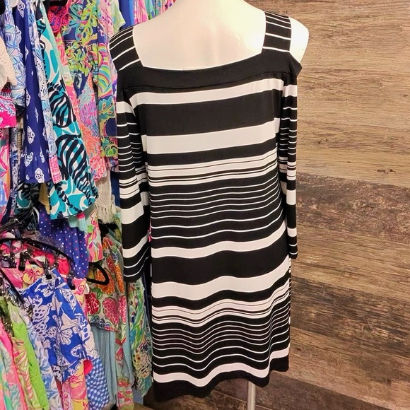 Chico's Monochrome Striped Cold Shoulder Tunic - Picture 2 of 9